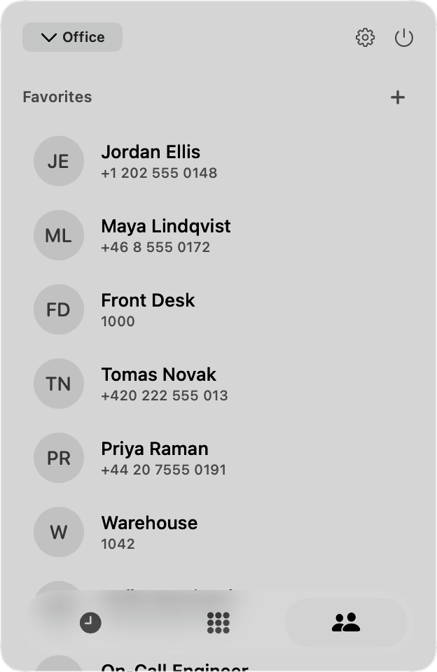 CallMac's contacts tab listing favourites with initials avatars and numbers: Jordan Ellis, Maya Lindqvist, Front Desk on extension 1000, Tomas Novak, Priya Raman and Warehouse on 1042.