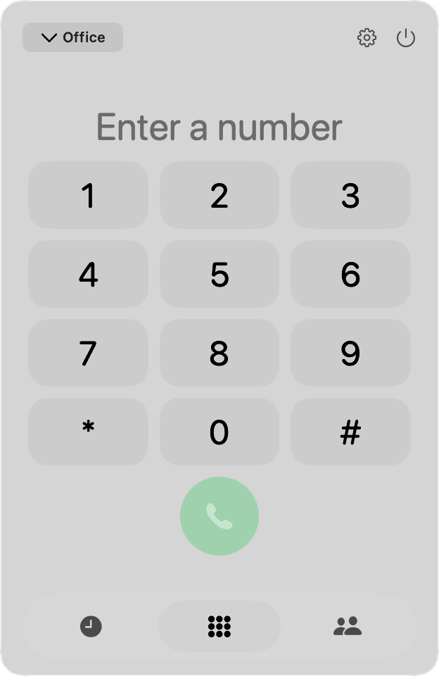 CallMac's dial pad — an Enter a number heading over the twelve keys and a green call button, with the Office line selected at the top of the panel.