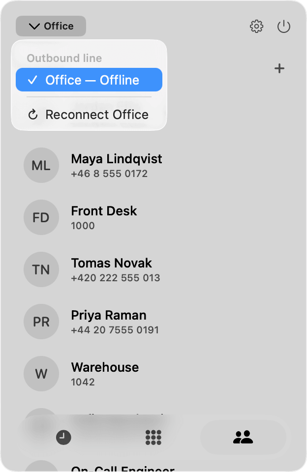 The outbound-line picker open over CallMac's contact list, showing the Office line ticked but offline, with a Reconnect Office action under it.