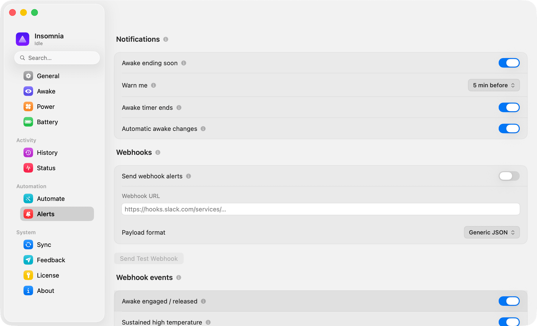 Insomnia's Alerts tab: notifications for awake ending soon (warning five minutes before), awake timer ends and automatic awake changes, then a webhook section with a Slack URL, a Generic JSON payload format and per-event switches for awake engaged or released and sustained high temperature.