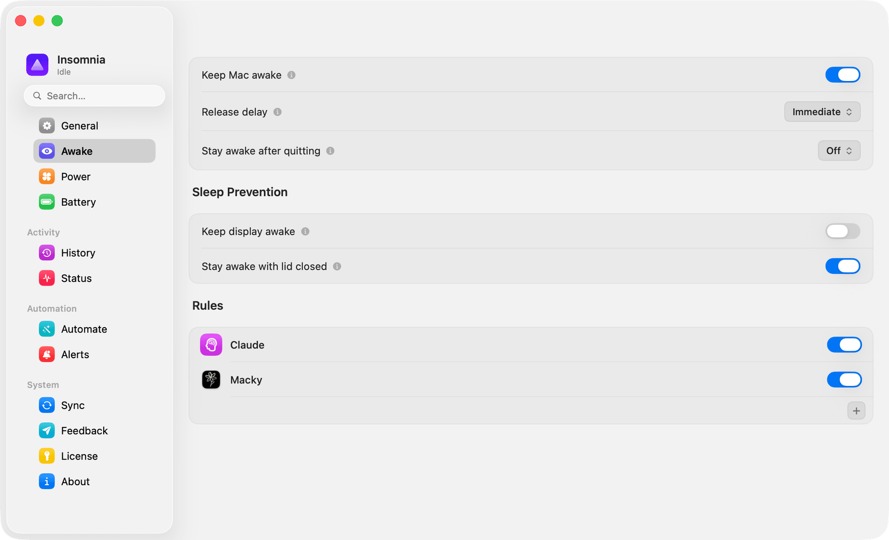 Insomnia's Awake tab with Keep Mac awake switched on, its release delay set to Immediate and Stay awake after quitting off. Under Sleep Prevention, Keep display awake is off while Stay awake with lid closed is on, and two app rules — Claude and Macky — are enabled below.