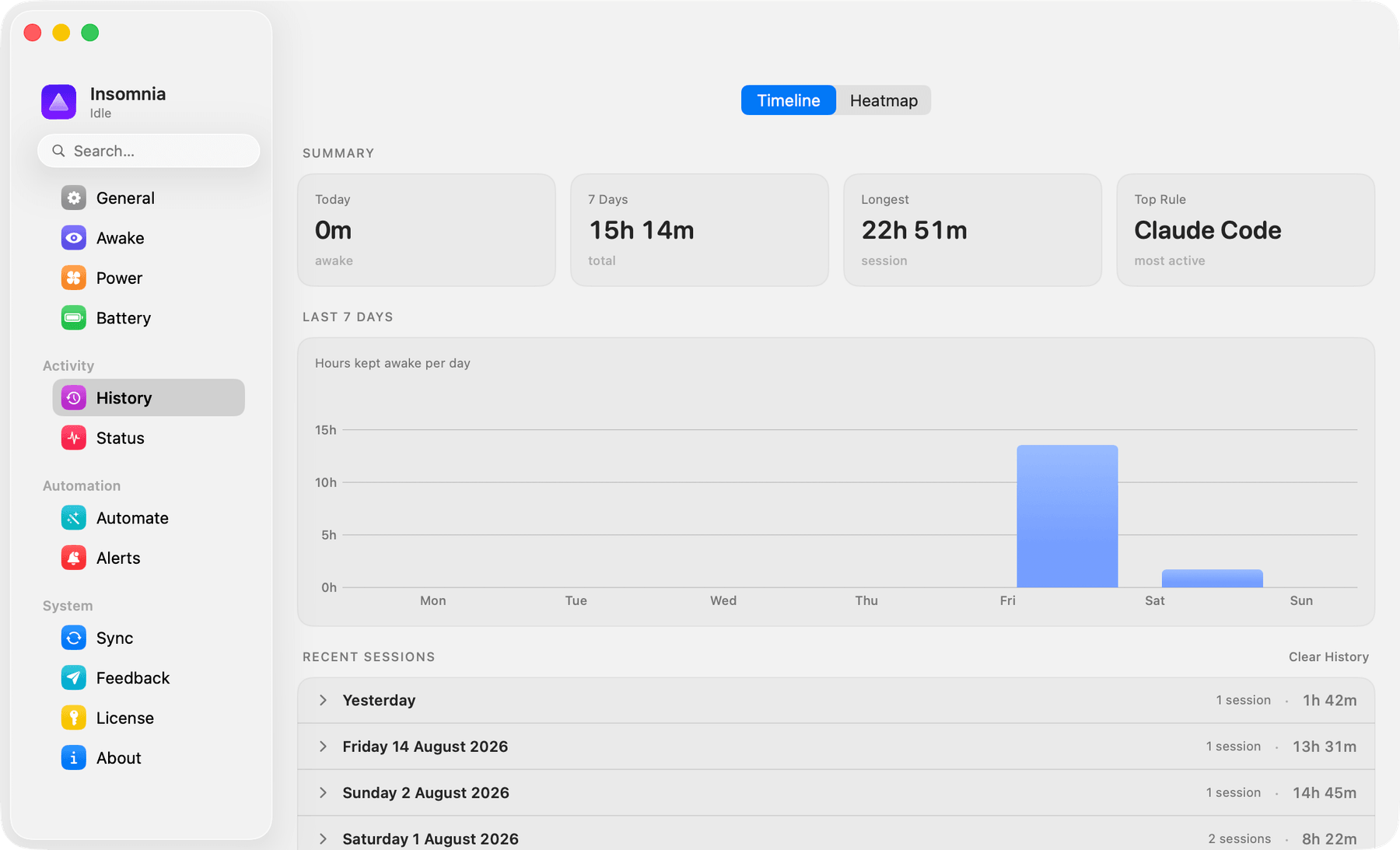 Insomnia's History tab: nothing awake today, 15 hours 14 minutes over the last seven days, a longest session of 22 hours 51 minutes, and Claude Code as the most active rule. A bar chart of hours kept awake per day peaks on Friday, above a list of recent sessions by date.