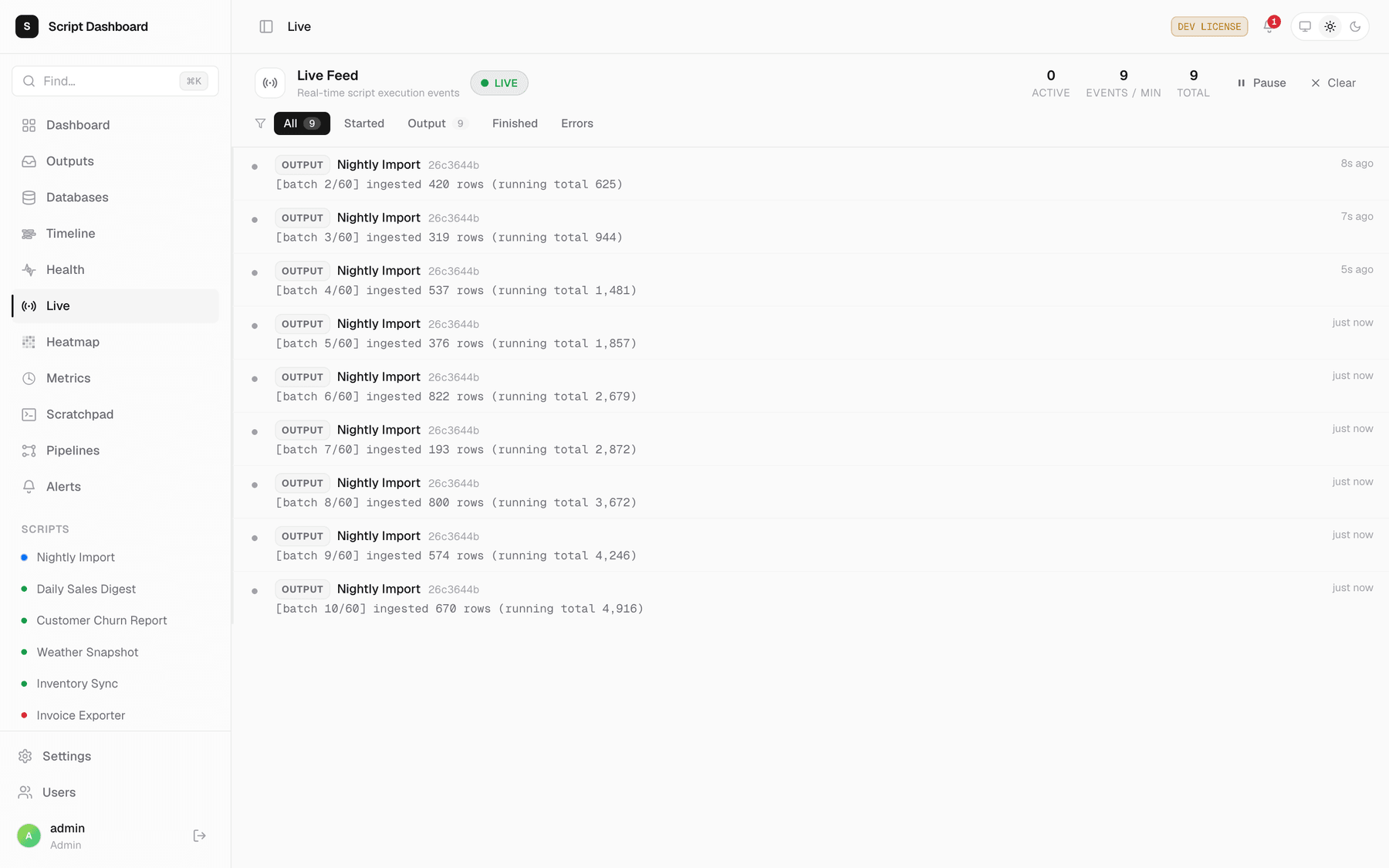 The Live feed streaming script output as it happens, marked LIVE at 13 events per minute. Consecutive lines from a Nightly Import job report batches ingesting 336, 444 and 763 rows with a running total climbing past four thousand, under a warning that the script is marked network-isolated but no sandbox is available on this host.