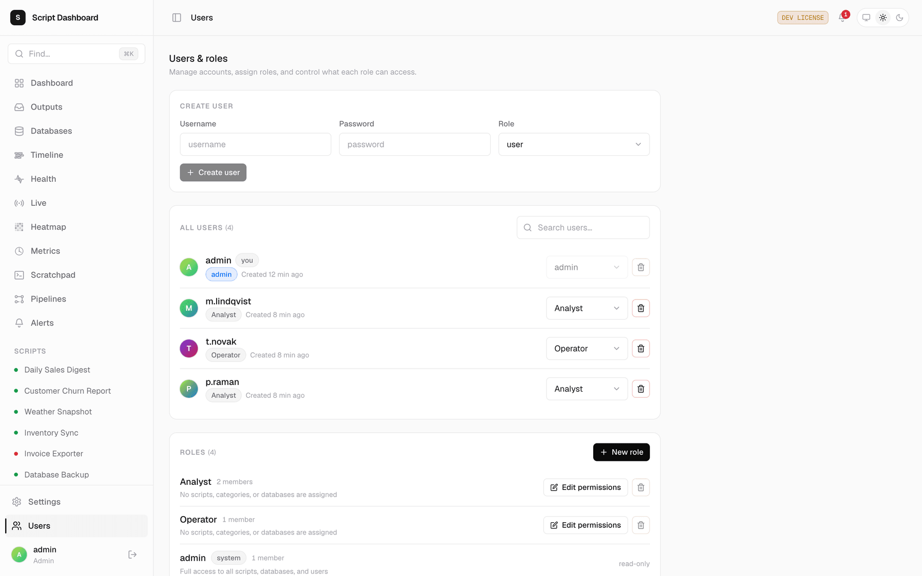 The Users and roles screen: a create-user form taking a username, password and role, a list of four accounts each with a role dropdown reading admin, Analyst or Operator, and a Roles section where every role has an Edit permissions button.